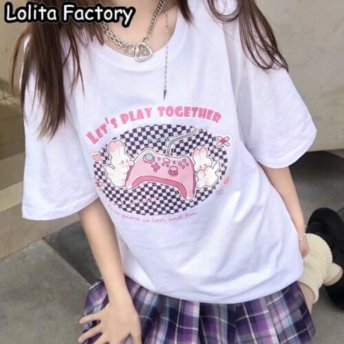 Harajuku Kawaii Short Sleeve T-shirt Women Girl Summer Tops Student sweet lolita lets play together Japanese Clothes T108