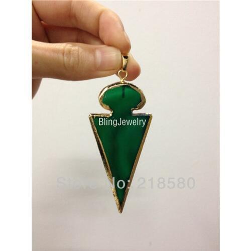 H-SP23 Green Agates Arrowhead Pendant Stone Charm Edged in Gold Trim