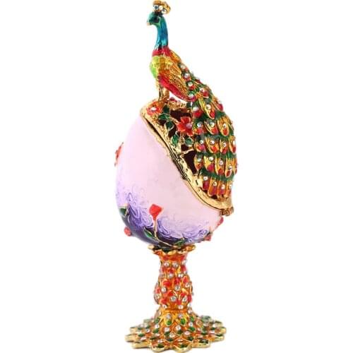 HOT-Gifts For Women Vintage Peacock Metal Crafts Purple Faberge Russia Eggs Figurine Jewelry Trinket Box Easter Jewelry Display