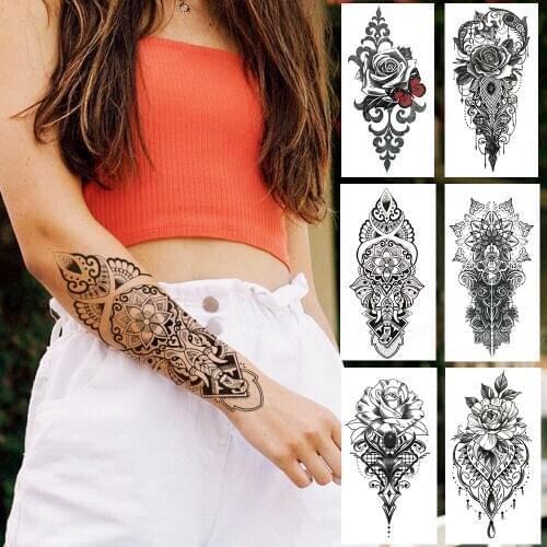 India Lace Elephant Temporary Tattoo For Women Men Black Mandala Henna Fake Tattoos Sticker Hands Chest Waterproof Tatoo Chains