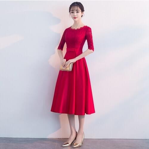 Dress Round Neck A-line cocktail dress with Bow Burgundy Satin Tea length Half sleeve cocktail dress formal party dress