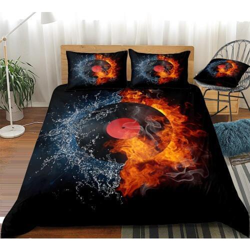 Record Duvet Cover Set Record on Fire Water Bedding Black Music Bed Set Red Teens King Flame Home Textiles Microfiber Dropship