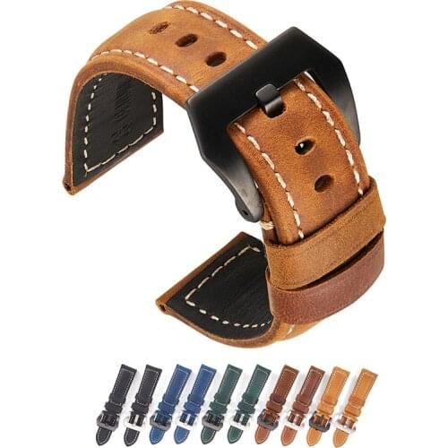 Leather Watch Band 26mm 24mm 22mm 20mm Vintage Genuine Leather Watch Strap Retro Light Brown Black Blue Green for Panerai
