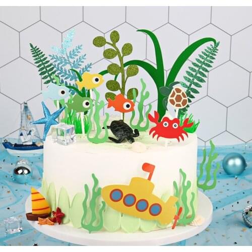 Beautiful Sea Ocean Theme Cake Topper Happy Submarine World Summer Fish Series Cake Decoration Birthday Party Decoration