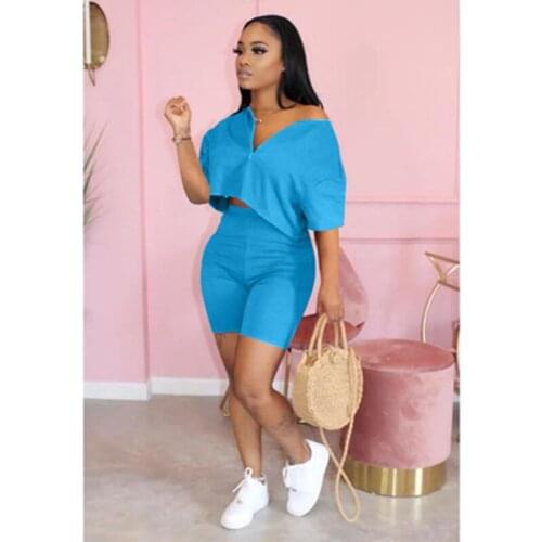 Summer Womens Loose And Fashionable Zipper Solid Color Temperament V-Neck Short Top Casual Commuting Tight Shorts Two Piece Set