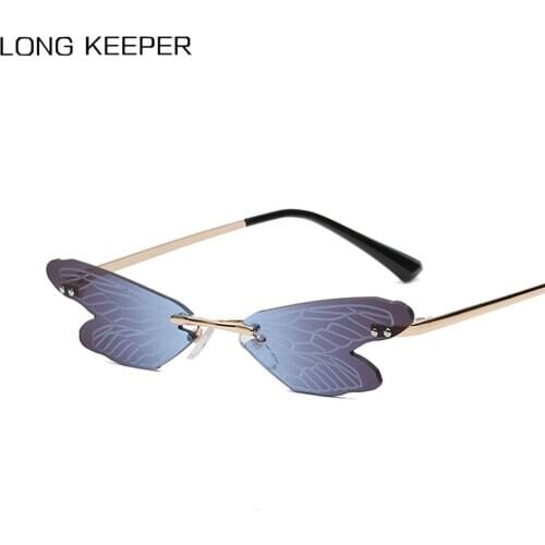 LongKeeper Dragonfly Wing Rimless Sunglasses Women Unique Cat Eye Sun Glasses Female Party Funny Eyewear UV400 Shades Oculos
