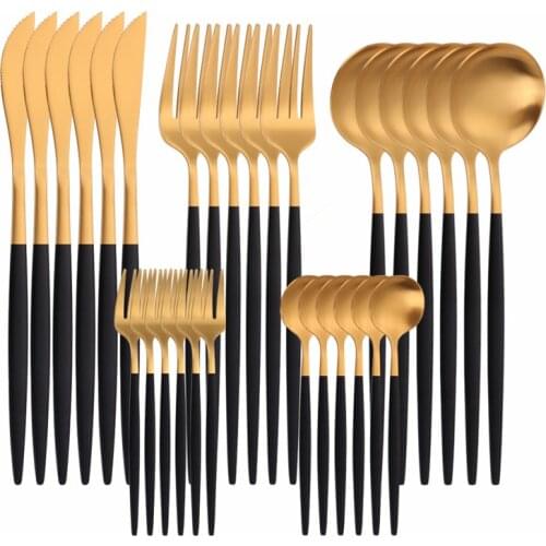 30Pcs Black Gold Stainless Steel Cutlery Set Matte Diner Knives Forks Spoons Coffee Spoon Set Complete Dinnerware Tableware Set