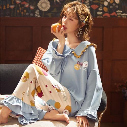 Pyjamas sets Women Autumn cute kawaii Nightgowns Girls Princess Cotton long Sleeves Plus Size Home wear Ruffle sleepwear