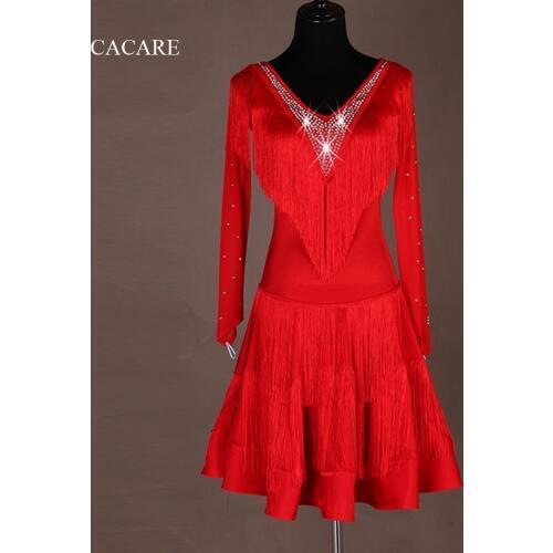 CACARE Latin Dance Dress for Women Latin Dress Fringe Salsa Latin Dance Competition Dresses Tassels Customize D0633 Mesh Sleeve