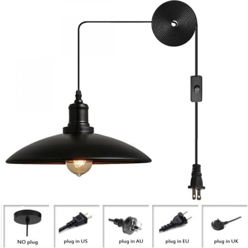Farmhouse Plug In Pendant Light Fixture, 1-Light Industrial Hanging Light with Black Metal Dome Shade, Vintage Pendant Light