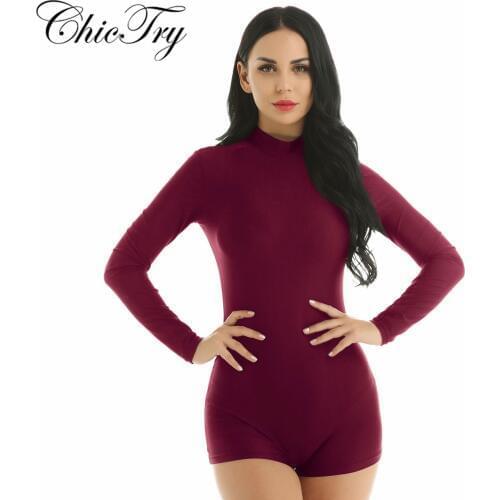 Adult Female Mock Neck Dance Leotard with Thumbhole Turtleneck Short Zip Gymnastics Dance Leotards Women Unitards Jumpsuit