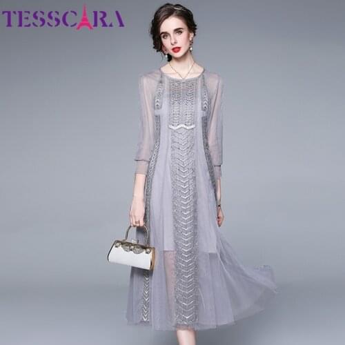 TESSCARA Women Summer Luxury Beading Mesh Dress Festa High Quality Elegant Wedding Party Robe Femme Vinatge Designer Vestidos