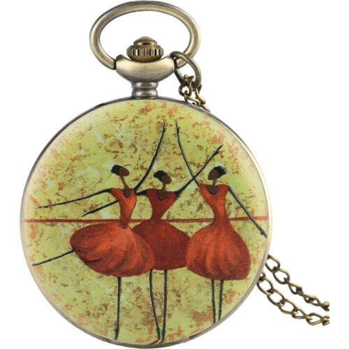 Three Ballet Dancers Necklace Retro Quartz Pocket Watch Jewelry Pendant Chain Best Gifts for Girls Ballet Dancer Collectibles
