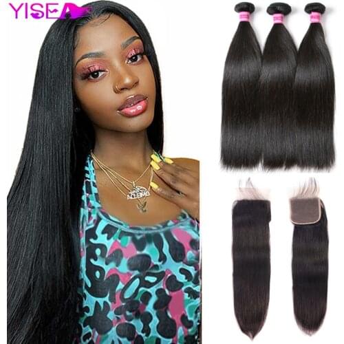 Yisea Peruvian Straight Hair 3 Bundles With Closure Human Hair Closure With Bundles Remy 100% Human Hair Extensions For Women