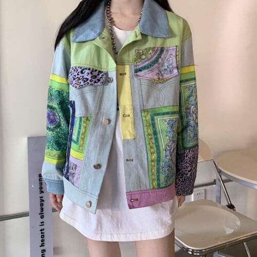 2021 New Autumn Woman Chic Denim Jacket Hit Color Print Patchwork Lapel Collar Long Sleeve Loose Streetwear Style Cowboy Coat