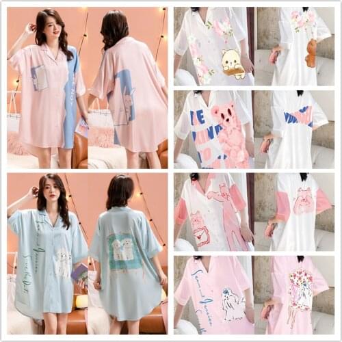 Womens Nightgown Button Sleepshirt Satin Chiffon Pajamas Ladies Loose Big Shirt Dress Printed Cartoon Nightdress Cute Homewear