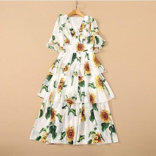 European and American womens wear for summer 2021 5 minutes of sleeve V-neck flared sleeve sunflower print flouncy dress