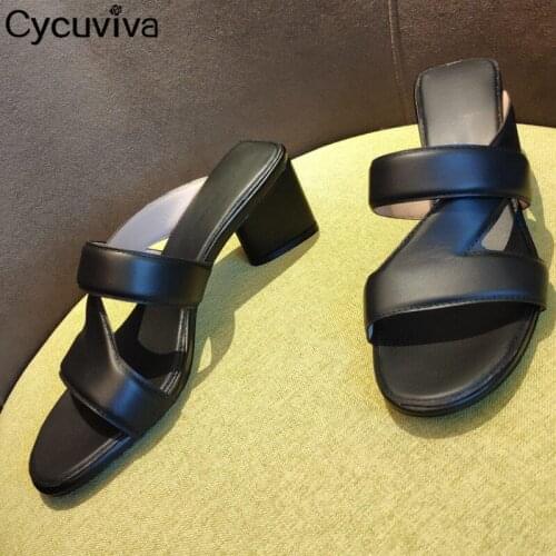 New Triangular Heels Slippers Women Designer Slides Open Toe Summer Black Leather Brand Shoes Woman High Heel Sandalias Mujer