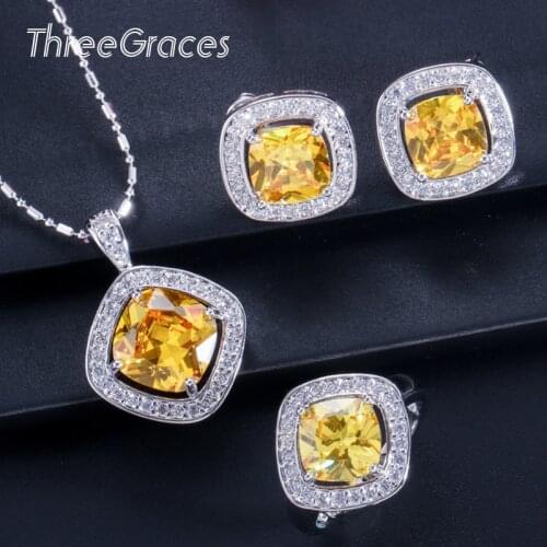 ThreeGraces Fashion Yellow Cubic Zirconia Square Pendant Necklace Earrings Jewelry Sets for Women African Weddings Gift JS131