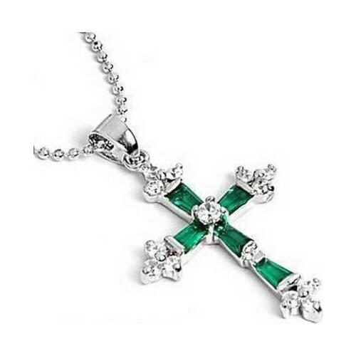 Women Gift word Love Hot sale new Style Green Cubic Zirconia Gem Crystal Cross Pendant & Necklace