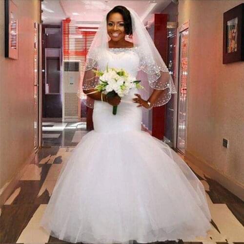 Plus Size Vestido de Novia Mermaid Wedding Dresses 2021 illusion Beaded Bateau Neck Romantic Robe de Mariage Bridal Gowns