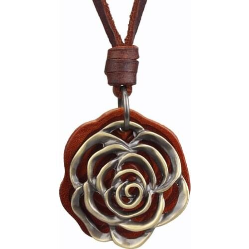 Johnature Oval Wood Metal Necklace Rose Flower Sunflower Original 2020 National Style Handmade Women Vintage Necklace