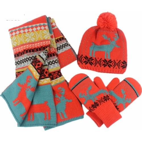 Winter Knitted Hat Scarf Glove 3 Pieces Set Keep Warm Christmas Pattern Present Adult Winter Thick Suit