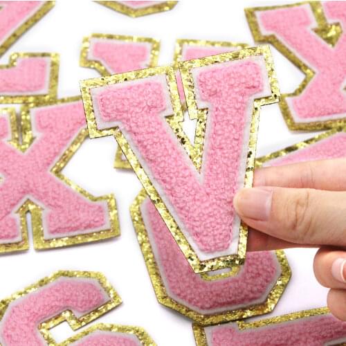80MM Pink Letter Patch 3D English Letter Embroidery Patches Iron On Chenille Gold Sequins Patches For Clothing Bags Jeans 1Pcs
