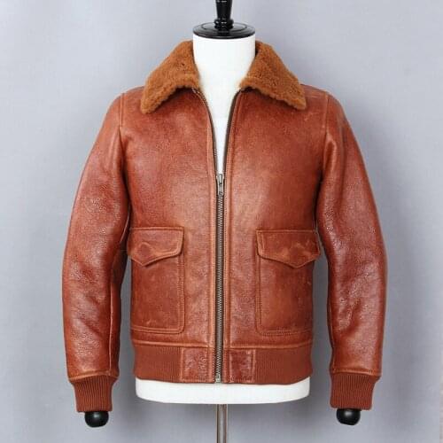 2019 Fur One Motorcycle Jacket Brown Sheepskin Genuine Leahter Jacket Men Fur collar Wool Liner Bomber jacket Winter Coat