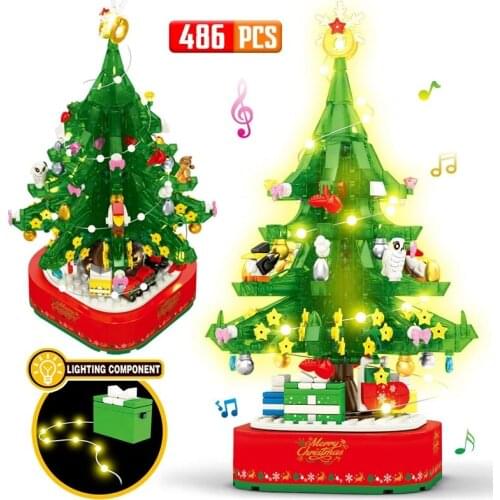 2020 Ideas Christmas Series Tree Rotating LED Shining Music Box House Model Building Blocks Sets Bricks Toy Figures Xmas Friends
