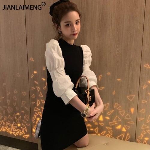 2020 Autumn Trend Colorblock Long Sleeve Package Hip Mini Dress Sweet Women Loose Casual Puff Sleeve Pullover Sweater Dresses