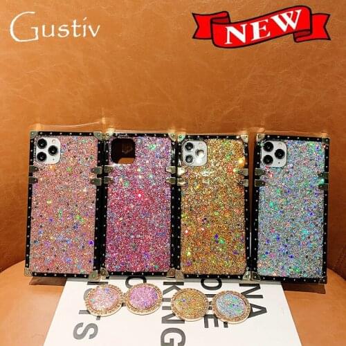 Glitter Soft Square Silicone Phone Case For iPhone 8 Plus Case 11 12 Mini Pro XS Max XR 6 7 Plus Drop Glue Sequins Back Cover