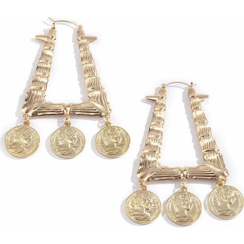 KunJoe Exaggerated Big Earring For Women Geometric Hoop Earrings With Carved Coin Pendant Earrings Trends Hip Hop Party Jewelry
