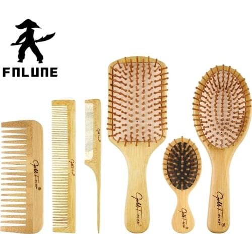 FnLune Wooden Bamboo Air Cushion Massage Comb Wide Tooth Head Flat Comb Pointed Tail Comb Professional Hair Salon Styling Comb