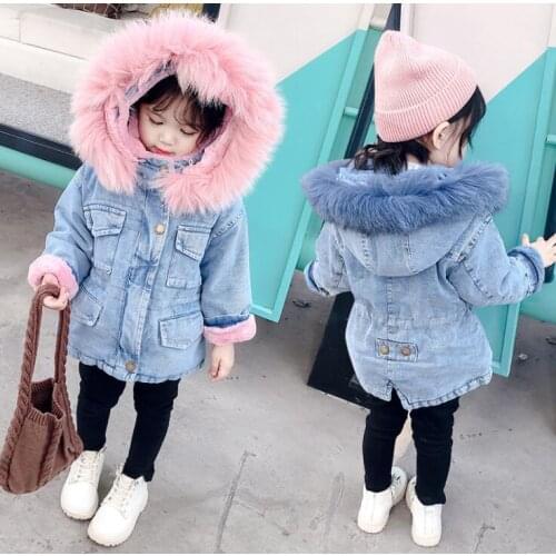 Winter Autumn Girls Clothing Baby Coats for Girls Fur Collar Jackets For Kids Clothes Plus Velvet Thick Denim Children Outerwear