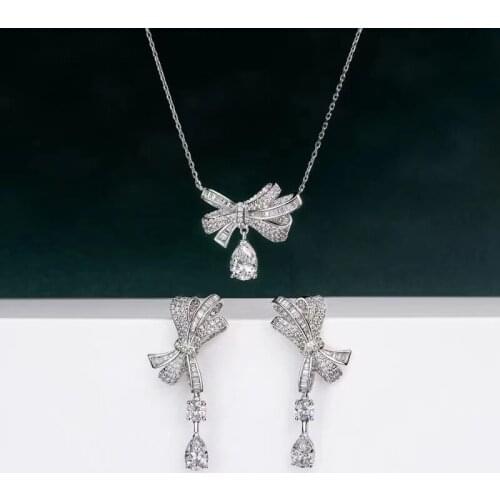 Elegant 925 Sterling Silver Pear Cut Created Moissanite Diamonds Engagement Bowknot Earrings/Pendant/Necklace/Ring Jewelry Set
