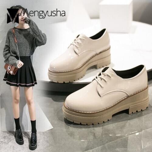 Japanned Leather oxfords women chunky high heels small leather shoes woman flats thick soled lace up loafers platform shoes 2020