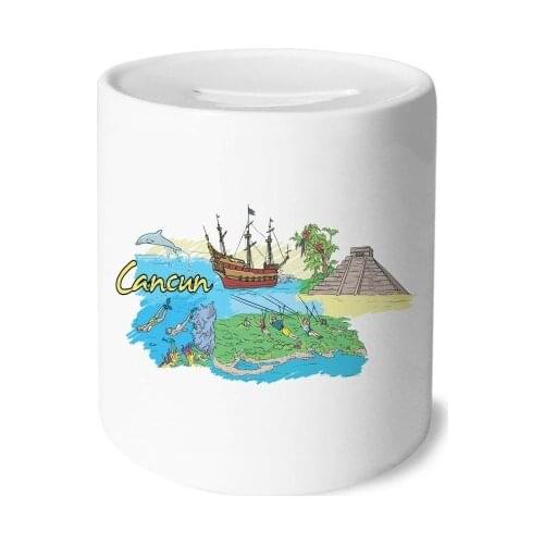 Cancun Mexico Island Mayan Temple Money Box Saving Banks Ceramic Coin Case Kids Adults