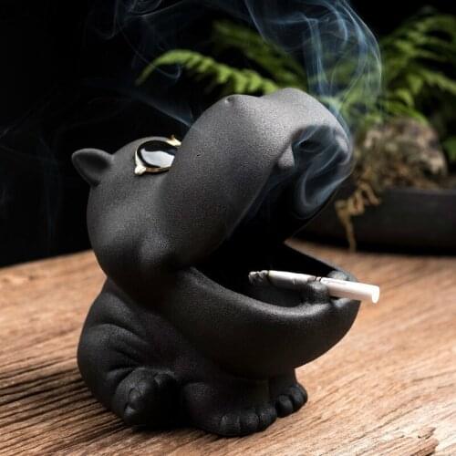 Ceramics Hippo Ashtray Ornaments Large Capacity Anti Fly Ash Car Ashtray Modern Home Living Room Smoking Tool Desktop Decoration