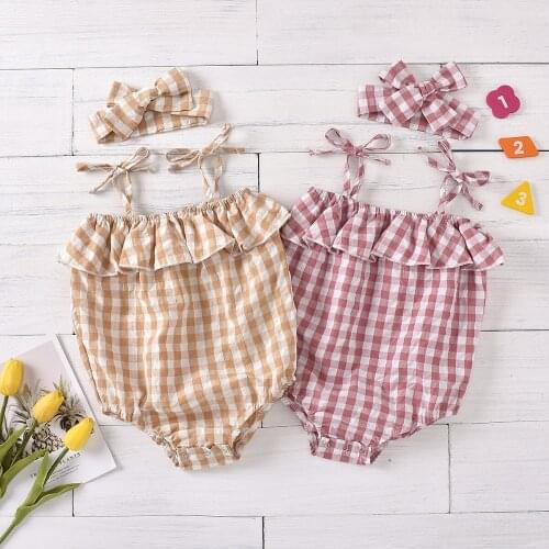 0-24M Newborn Infant Baby Girl Plaid Romper Jumpsuit+Headband 2pcs Summer Sleeveless Set Outfits