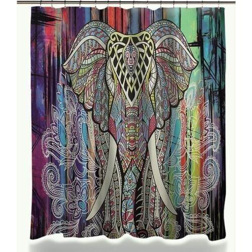 Colorful Elephant Printed Waterproof Polyester Shower Curtain Coral Velvet Anti-slip Bath Mat Set with 12 Hooks