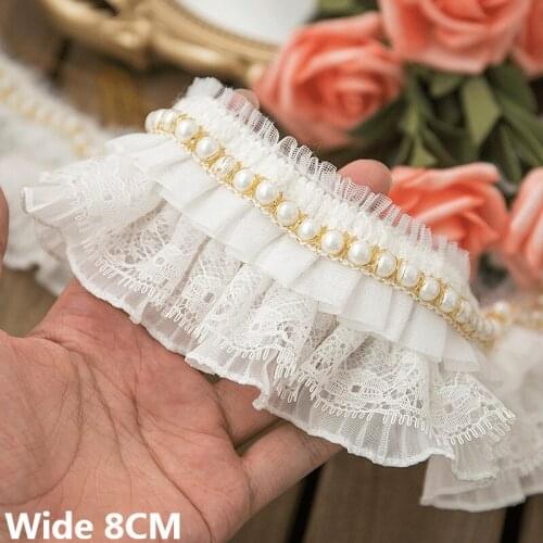8CM Wide Three Layers White Pleated Chiffon Beaded Fringe Lace Edge Trim Pearls Embroidered Fringe Ribbon Dress DIY Sewing Decor