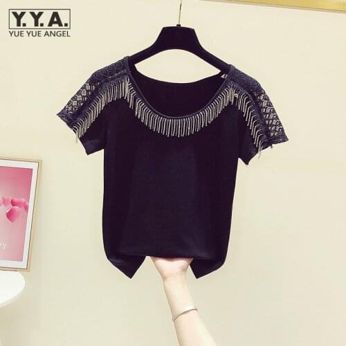 Summer Women Lace Hollow Out Sexy T-Shirt O Neck Beads Tassels Tees New Black Ladies Casual Slim Fit Short Sleeve Tops T-Shirts