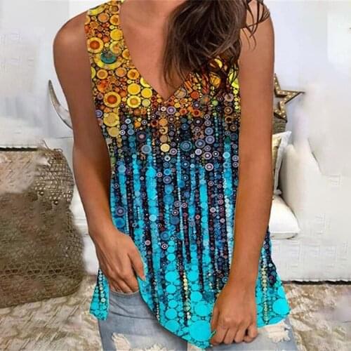 Tank Tops Women Summer T-shirt V-neck Casual Top Female Clothing Loose Sleeveless Womens Tees Print Woman T Shirt