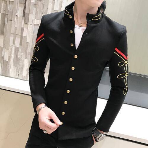4 Color Gold Button Zhongshan Stand Collar Suit Jacket Fashion Embroidery Print Mens Suit Jacket Multi-Button Slim Club Blazer