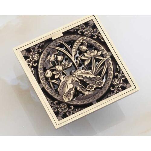 NEW Antique Brass 4"(101mm) Square Carve Lotus leaf Lotus Pattern Floor Drain Bathroom Shower Waste Washing Drain Grate ahr016