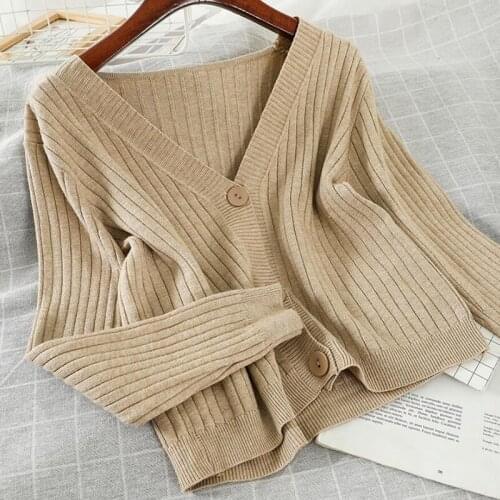 Solid color Cardigan Women Autumn Short V Neck Vintage Knitted Cardigan Coat Crop Top Sweater Casual Loose Knitwear