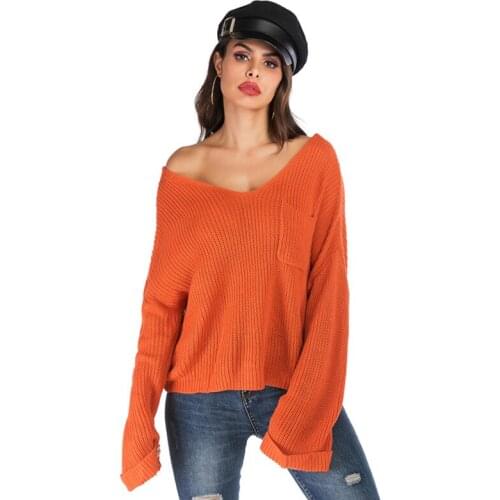 Fall 2021 New French Style Inside and Outside Pure Color V-Neck Knitted Trumpet Long-Sleeved Bottoming Clavicle Sweater Women