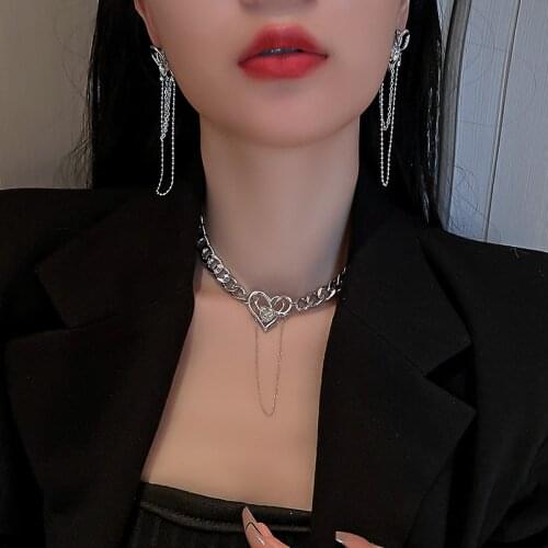 Origin Summer Unique Design Love Heart Hollow Out Chokers Necklace for Women Exquisite Chunky Curb Chain Tassel Necklace Jewelry
