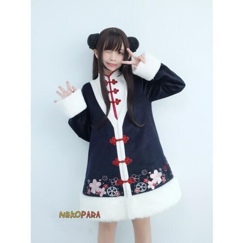 "Sakura Tide" Vintage Chinese Style Womens Long Wool Coat Fake Two-piece Trench Flower Embroidery Winter Outwear Warm